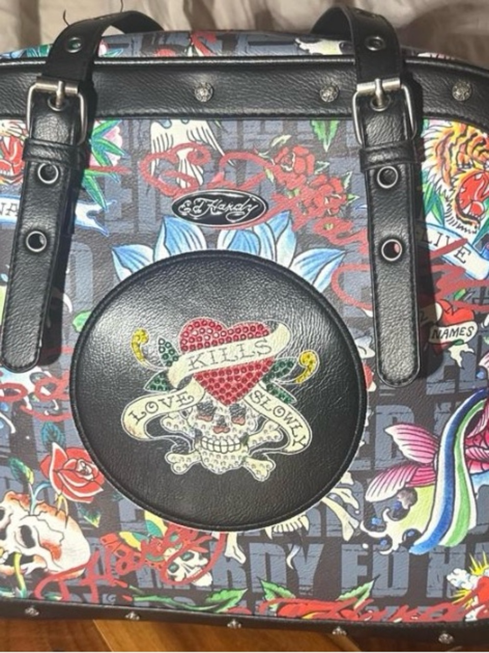 NWT Ed Hardy Black Multi Tattoo-Print Satchel